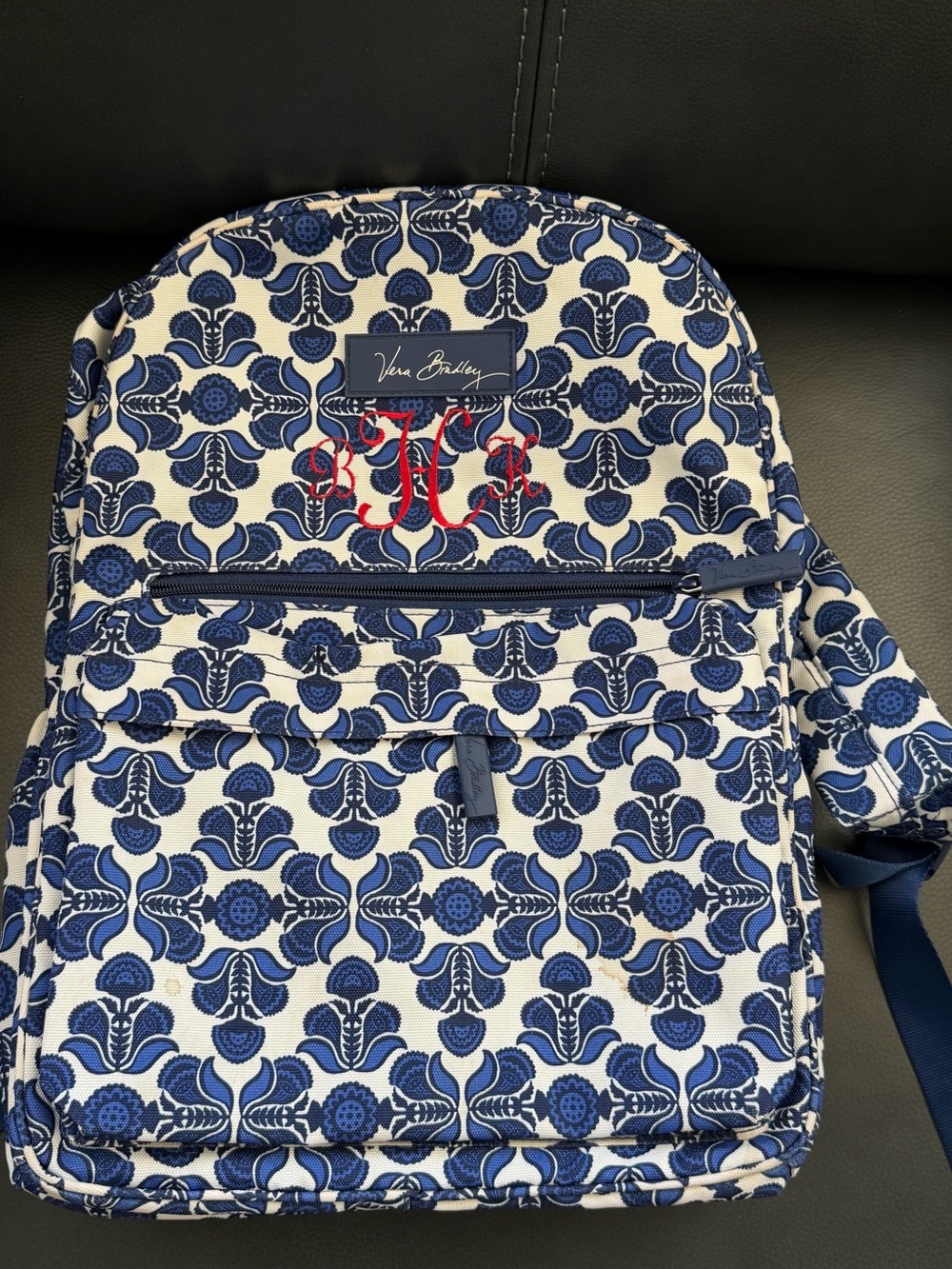 Vera Bradley Navy and White Floral Pattern Backpack with Red Monogram